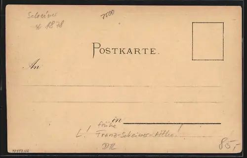 Lithographie Carlsruhe, Blick zum Schloss, Briefträger mit Schirm, frühe Franz-Scheiner-Lithographie