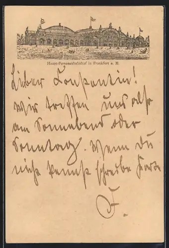 Vorläufer-Lithographie Frankfurt a. M., 1890, Haupt-Personenbahnhof mit Passanten