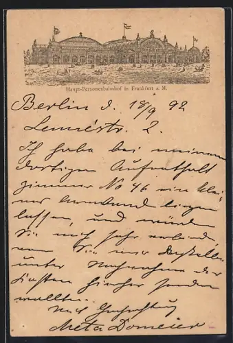 Vorläufer-Lithographie Frankfurt a. M., 1892, Blick auf den Haupt-Personenbahnhof