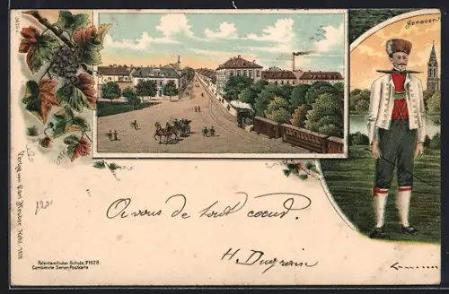 Lithographie Kehl, Strassenpartie im Ort, Mann in Tracht