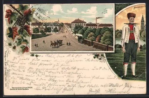 Lithographie Kehl, Strassenpartie mit Pferdekutsche im Ort, Mann in Tracht