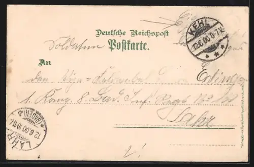 Lithographie Kehl, Strassenpartie mit Pferdekutsche im Ort, Mann in Tracht