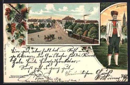 Lithographie Kehl, Strassenpartie mit Zug, Mann in Tracht