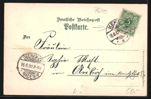 Lithographie Kehl, Strassenpartie mit Zug, Mann in Tracht