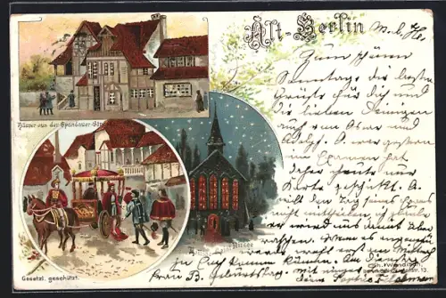 Lithographie Berlin, Gewerbe-Ausstellung 1896, Heilige Geist Kirche und Häuser aus der Spandauer Strasse