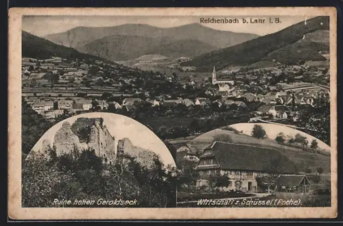 AK Reichenbach b. Lahr, Ruine hohen Geroldeck, Gaststätte z. Schüssel und Ortsansicht