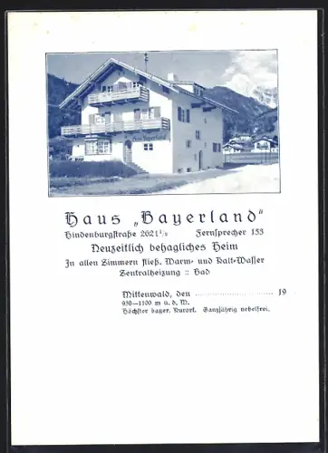 AK Mittenwald, Hotel Haus Bayerland in der Hindenburgstrasse 262