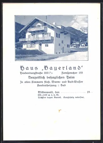AK Mittenwald, Hotel Haus Bayerland in der Hindenburgstrasse 262