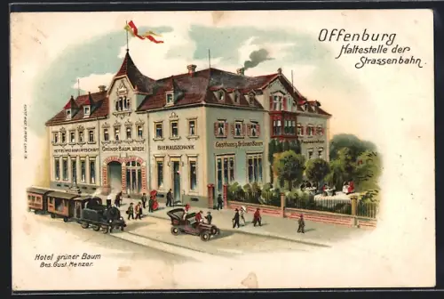 Lithographie Offenburg, Haltestelle der Strassenbahn, Hotel grüner Baum, Bes. Gust. Menzer