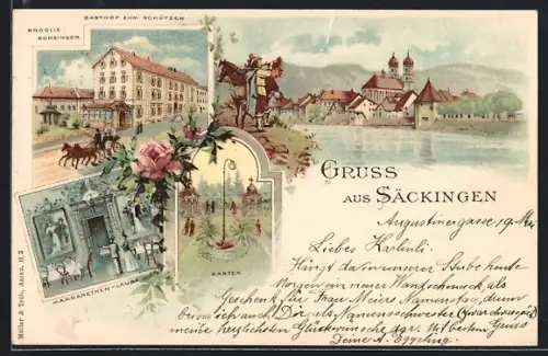 Lithographie Säckingen, Gasthof zum Schützen, Marghareten-Laube, Garten, Rheinansicht mit Kirche