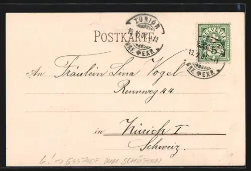 Lithographie Säckingen, Gasthof zum Schützen, Marghareten-Laube, Garten, Rheinansicht mit Kirche