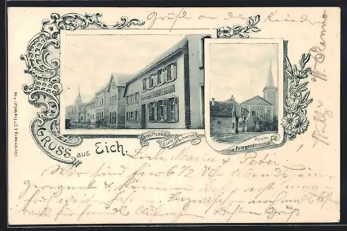 AK Eich / Rheinhessen, Gasthaus zum Löwen, Kirche, Kriegerdenkmal