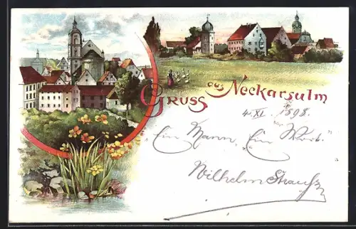 Lithographie Neckarsulm, Stadtansicht mit Kirche