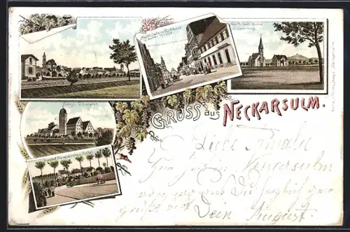 Lithographie Neckarsulm, Königl. Oberamt, Friedhof, Frauenkirche und Marktplatz