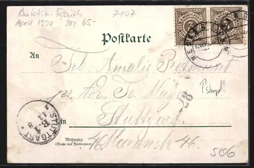 Lithographie Neckarsulm, Königl. Oberamt, Friedhof, Frauenkirche und Marktplatz