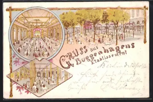 Lithographie Berlin-Kreuzberg, Gasthof Buggenhagens Etablissement am Moritzplatz, Innenansicht, Gartenansicht