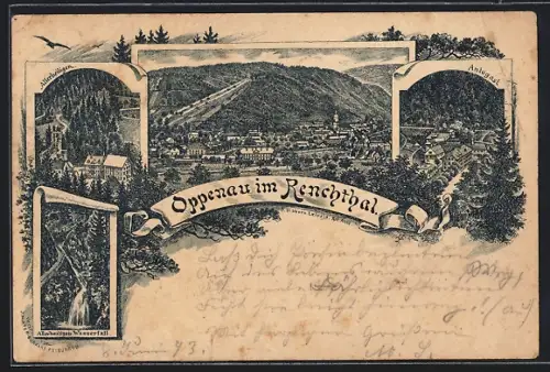 Lithographie Oppenau im Renchthal, Gesamtansicht, Allerheiligen-Wasserfall, Antogast