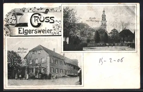 AK Elgersweier, Kirche mit Pfarrhaus, Gasthaus zur Linde