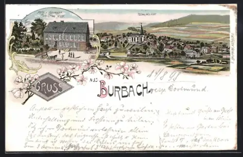 Lithographie Burbach / Westerwald, Hotel zum Bahnhof, Bes. Christian Neef, Totalansicht
