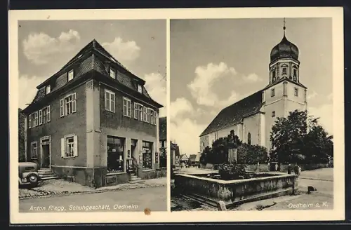 AK Oedheim a. K., Schuhgeschäft Anton Riegg, Kirche