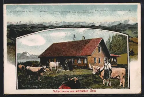 Künstler-AK Eugen Felle: Schletteralm am schwarzen Grat, Almhütte, Weide, Alpenpanorama