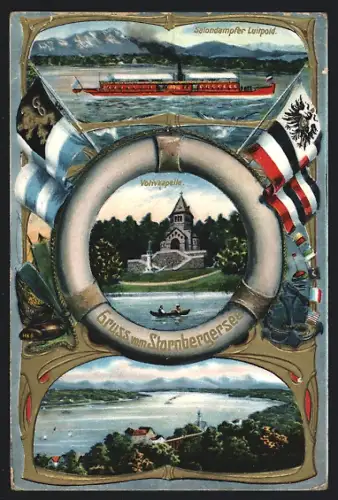 Passepartout-Lithographie Starnbergersee, Salondampfer Luitpold, Maritimes Passepartout