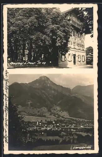 AK Lenggries, Gasthof zur Post, Ortsansicht mit Berg