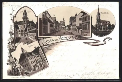 Lithographie Neckarsulm, Rathhaus, Kath. Kirche, Protest. Kirche