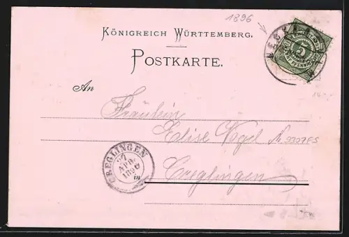 Lithographie Neckarsulm, Rathhaus, Kath. Kirche, Protest. Kirche