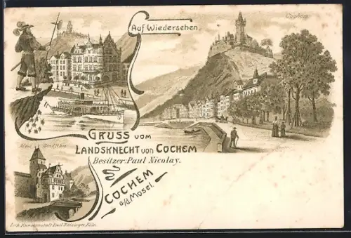 Lithographie Cochem /Mosel, Restaurant Landsknecht, Altes Stadtthor