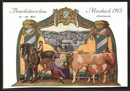 AK Miesbach, Bezirkstierschau 1913, Bauern mit Vieh, Ortsansicht aus der Vogelschau