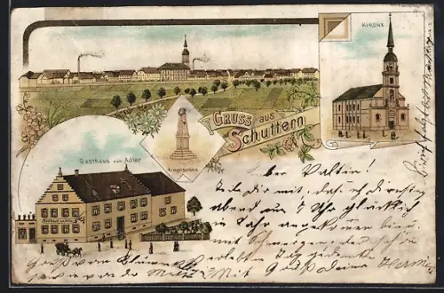 Lithographie Schuttern, Gasthaus zum Adler, Kriegerdenkmal, Kirche und Panoramablick auf die Stadt