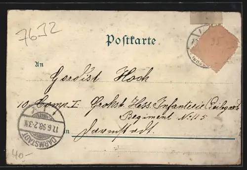 Lithographie Schuttern, Gasthaus zum Adler, Kriegerdenkmal, Kirche und Panoramablick auf die Stadt