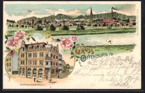 Lithographie Offenburg i. B., Gasthaus zum Waldhorn, Inh. David Baumert, Panoramablick auf die Stadt