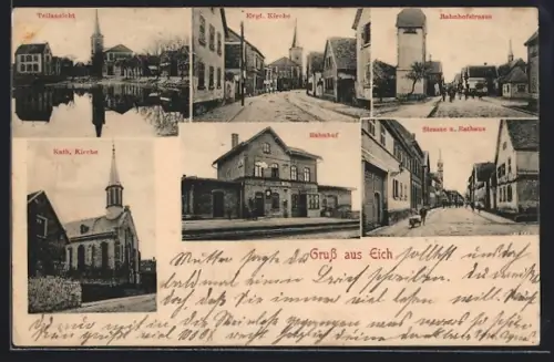 AK Eich / Rheinhessen, Bahnhof, Strassenpartie mit Rathaus, Bahnhofstrasse, Kirche und Teilansicht