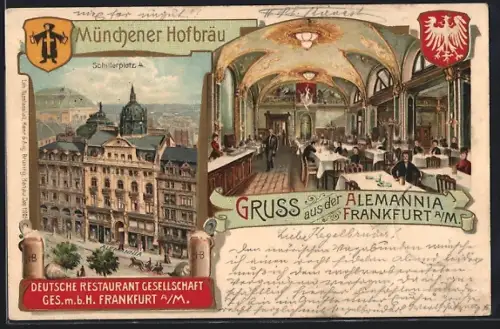 Lithographie Frankfurt a. M., Gaststätte Alemannia, Schillerplatz aus der Vogelschau