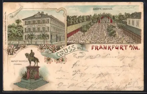 Lithographie Frankfurt a. M., Gaststätte Gräff`s Garten, Kaiser Wilhelm-Denkmal