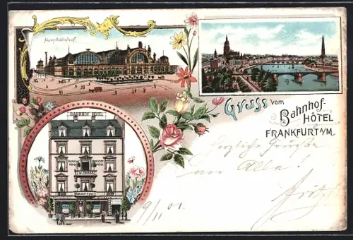 Lithographie Frankfurt a. M., Bahnhof-Hotel, Inh. W. Crass, Hauptbahnhof und Ortsansicht aus der Vogelschau