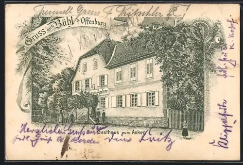 Lithographie Bühl b. Offenburg, Gasthaus zum Anker