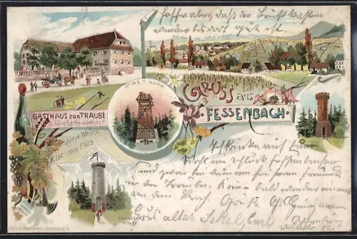Lithographie Fessenbach, Gasthaus zur Traube, Aussichtsturm Hohes Horn, Gesamtansicht