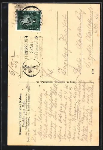 AK Frankfurt a. M., Brönner`s Hotel drei Raben, Bes. Jos. Brönner