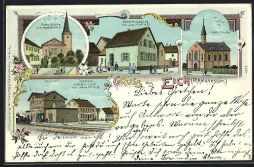 Lithographie Eich /Rheinhessen, Gasthaus zum Bahnhof, Inh. Adam Mink IV., Bahnhof, Spezereihandlung v. Jac. Mink Wwe.