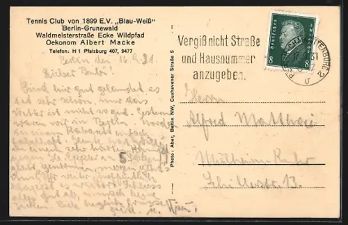 AK Berlin-Grunewald, Tennis Club von 1899 E. V. Blau-Weiss, Waldmeisterstr., Inh. Albert Macke