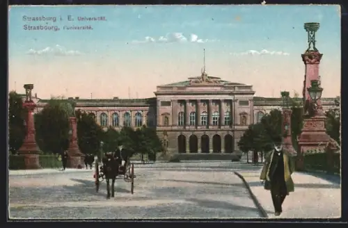 AK Strasbourg, Université avec calèche et promeneurs sur l`avenue