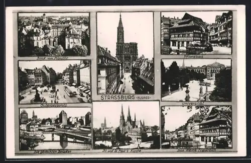 AK Strassburg /Elsass, Blick vom Münster, Universität, Pflanzbad, Gedeckte Brücken