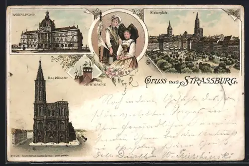 Lithographie Strassburg, Kaiserl. Palais, Münster, Kleberplatz