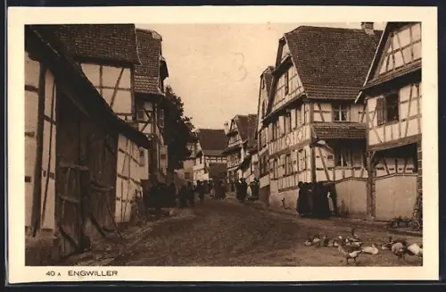 AK Engwiller, Rue pittoresque avec maisons à colombages et villageois