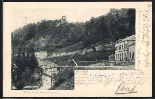 AK Lützelburg, Vue du village avec la colline et la ruine au sommet
