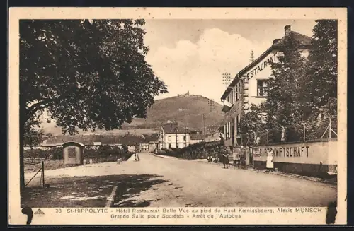 AK St-Hippolyte, Hôtel Restaurant Belle Vue au pied du Haut-Koenigsbourg, arrêt de l`autobus