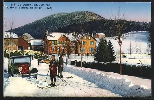 AK Donon, L`Hôtel Velleda en hiver avec skieurs et voiture